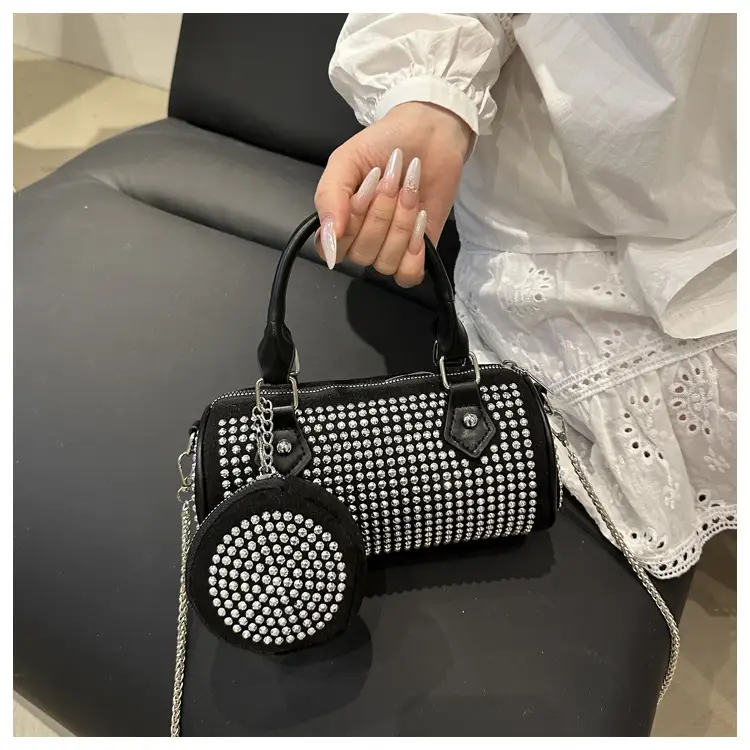 Black Rhinestone Cylinder Bag with Chain & Crossbody Design — feature 18