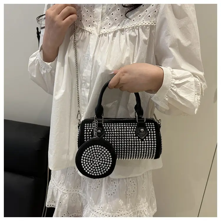 Black Rhinestone Cylinder Bag with Chain & Crossbody Design — feature 20