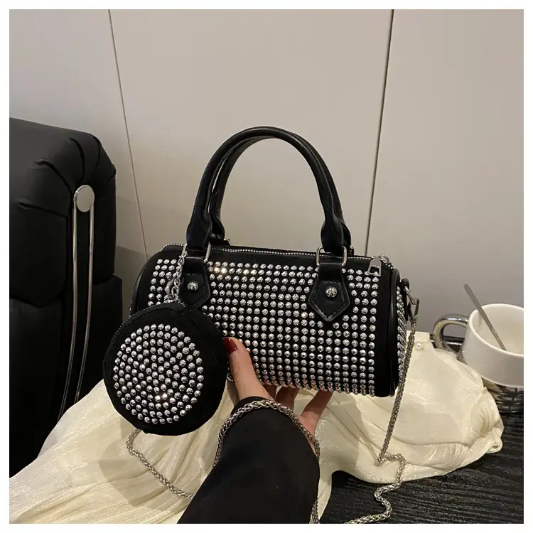 Black Rhinestone Cylinder Bag with Chain & Crossbody Design — feature 21