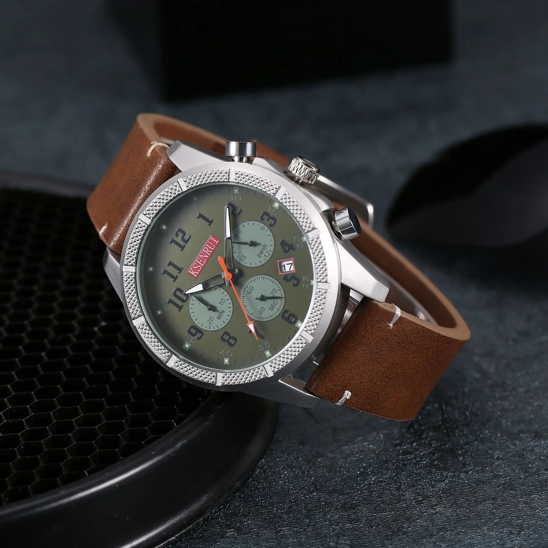 Men's Chronograph Quartz Watch Brown Leather Band — feature 16