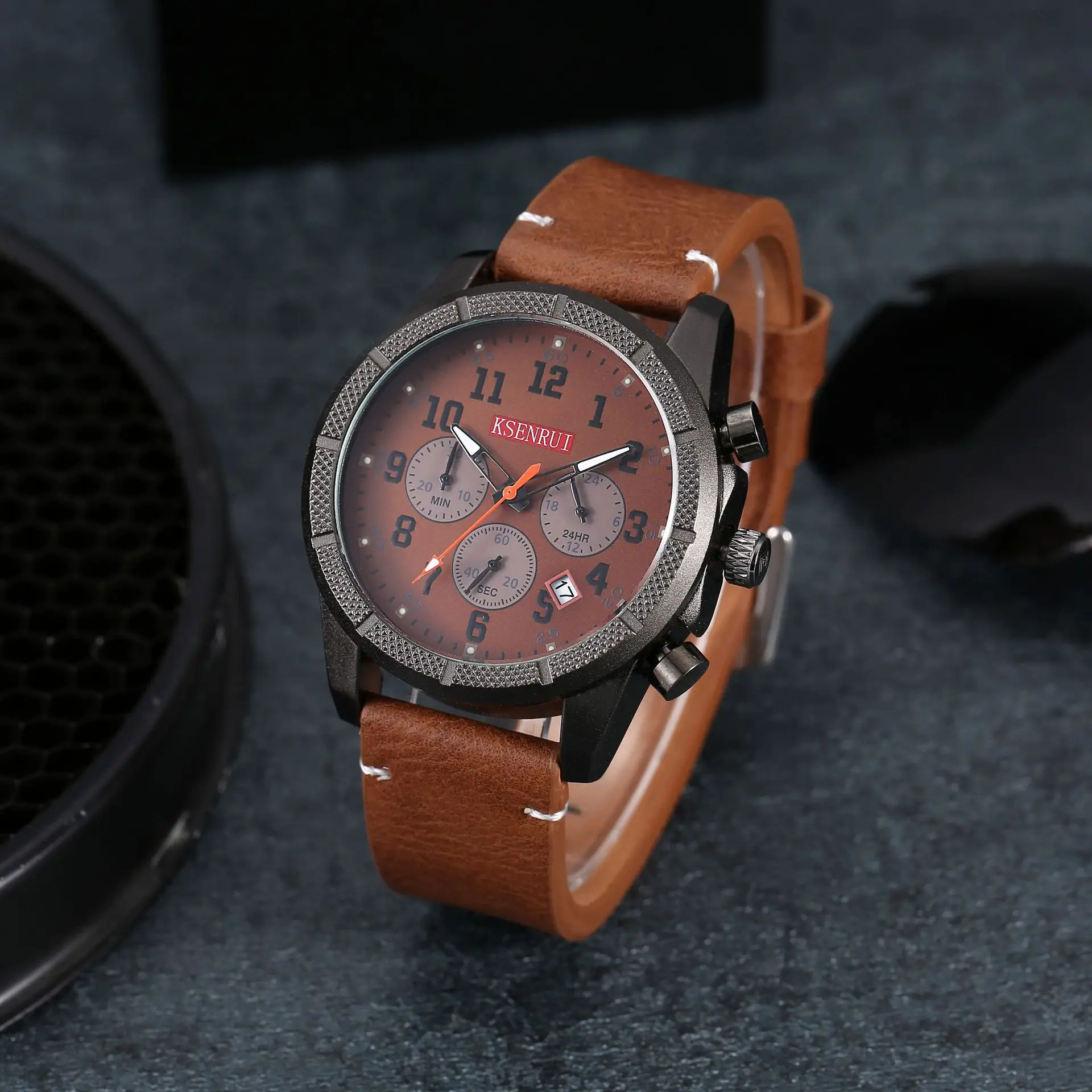 Men's Chronograph Quartz Watch Brown Leather Band — feature 18