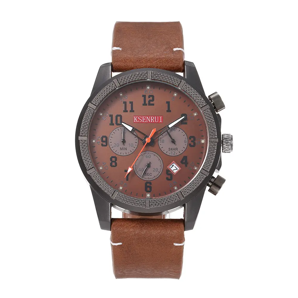 Men's Chronograph Quartz Watch Brown Leather Band - Image 3