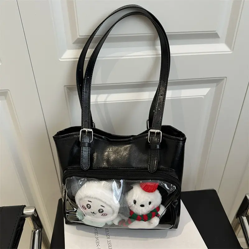 Black Transparent Shoulder Bag with Cute Dolls - Image 3