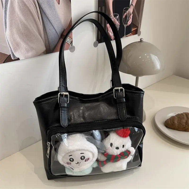Black Transparent Shoulder Bag with Cute Dolls - Image 4