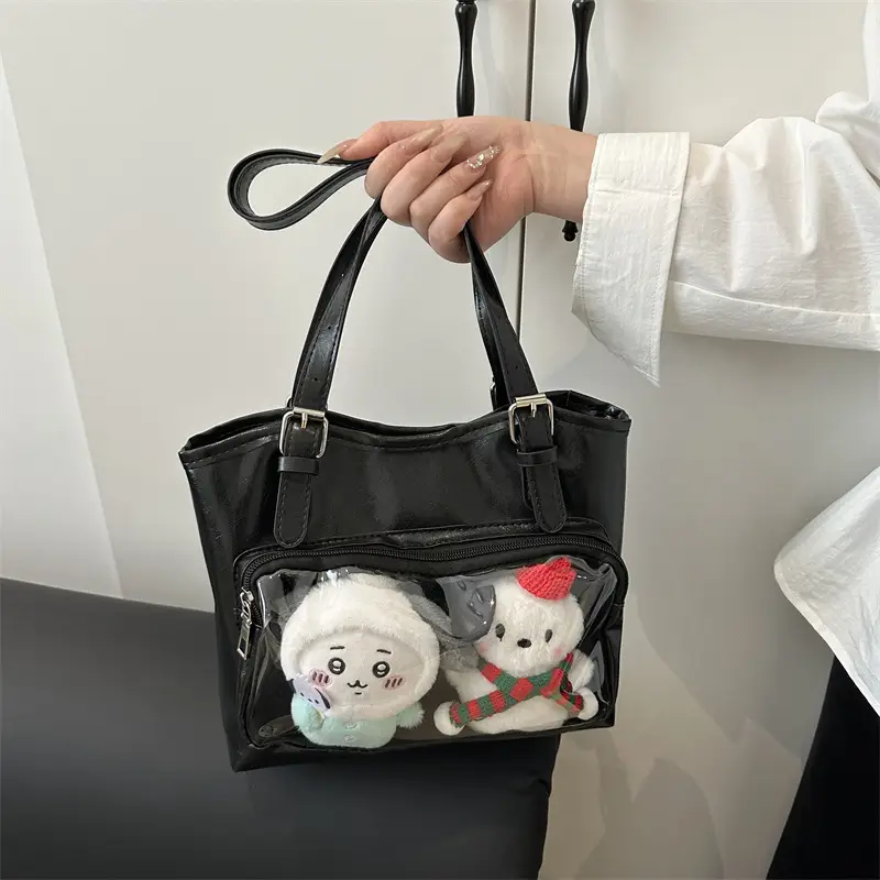 Black Transparent Shoulder Bag with Cute Dolls - Image 5
