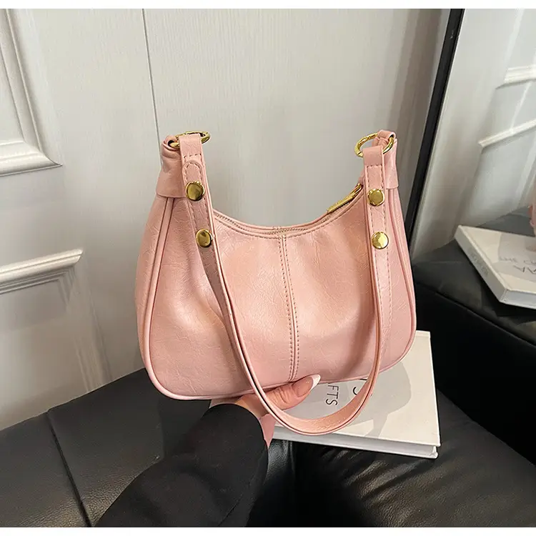 Pink Leather Shoulder Bag with Gold Buttons — feature 23