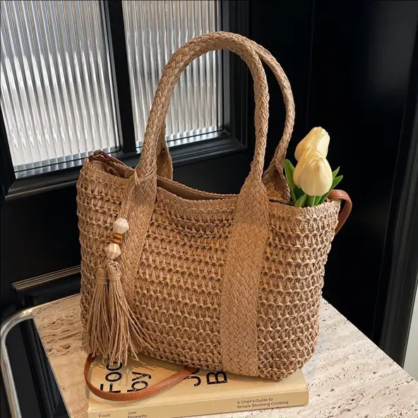 Women Straw Waved Tote Bag Large Capacity Beach Shoulder Crossbody - Image 3