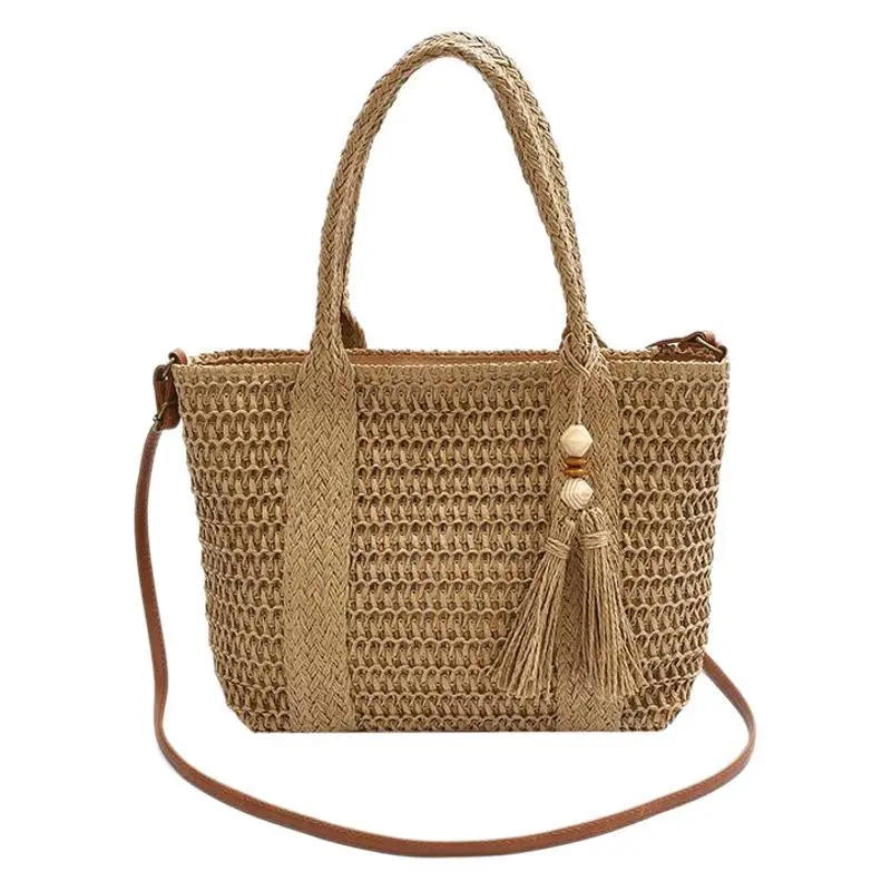 Women Straw Waved Tote Bag Large Capacity Beach Shoulder Crossbody - Image 7
