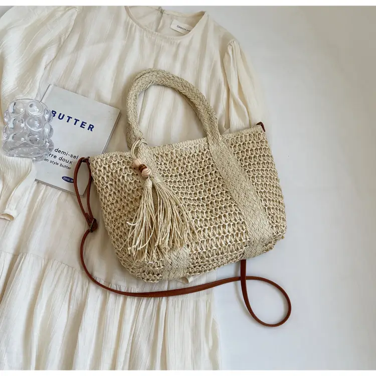 Women Straw Waved Tote Bag Large Capacity Beach Shoulder Crossbody — feature 19