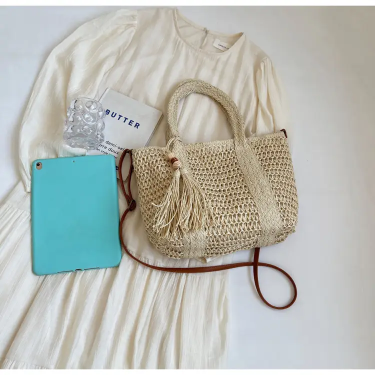 Women Straw Waved Tote Bag Large Capacity Beach Shoulder Crossbody — feature 20