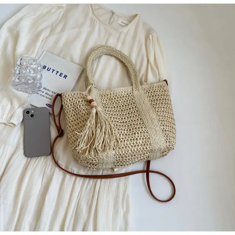 Women Straw Waved Tote Bag Large Capacity Beach Shoulder Crossbody — feature 21
