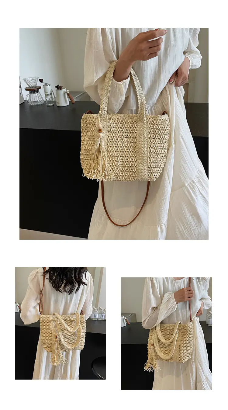 Women Straw Waved Tote Bag Large Capacity Beach Shoulder Crossbody — feature 4