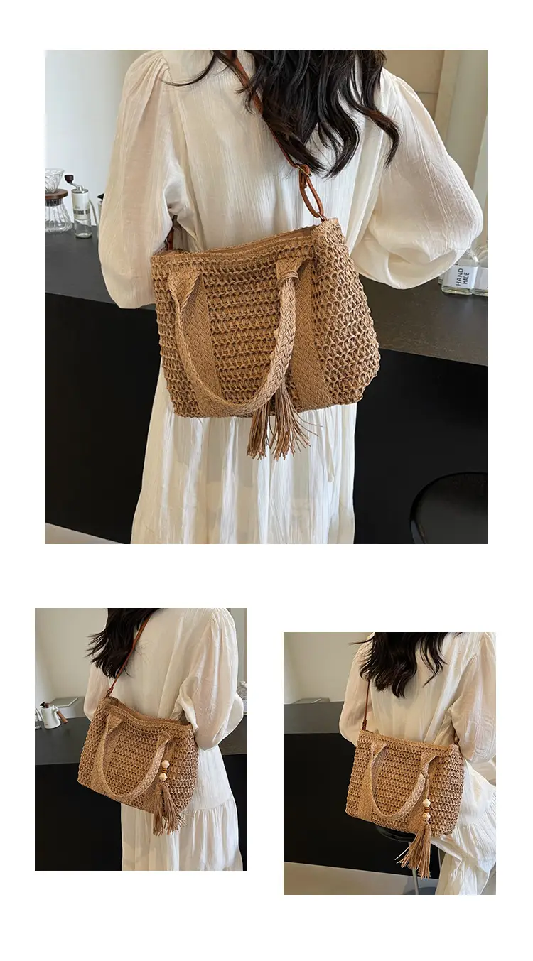 Women Straw Waved Tote Bag Large Capacity Beach Shoulder Crossbody — feature 5