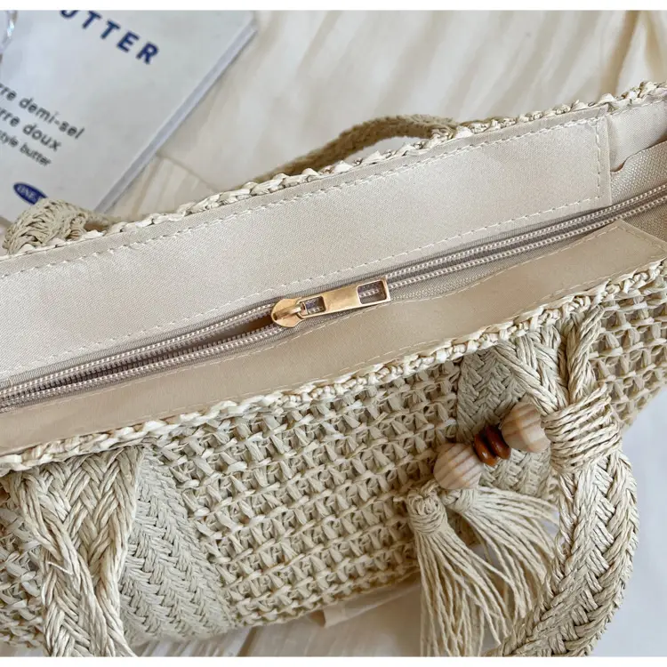 Women Straw Waved Tote Bag Large Capacity Beach Shoulder Crossbody — feature 6