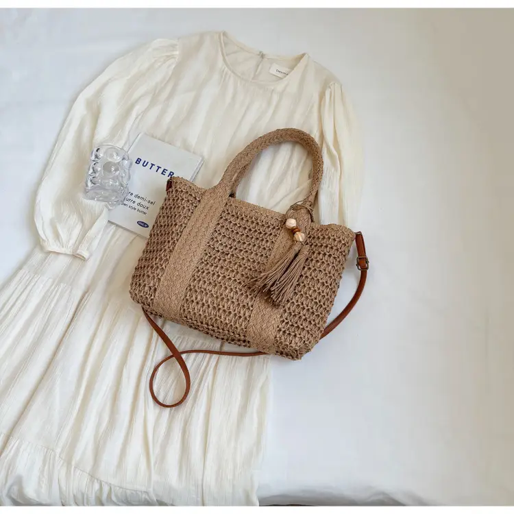 Women Straw Waved Tote Bag Large Capacity Beach Shoulder Crossbody — feature 8