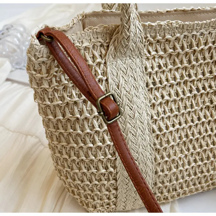 Women Straw Waved Tote Bag Large Capacity Beach Shoulder Crossbody — feature 9