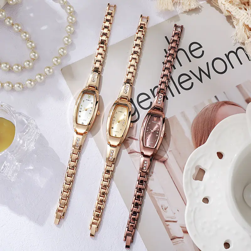 Gold Women's Quartz Barrel Watch with Crystal Bracelet