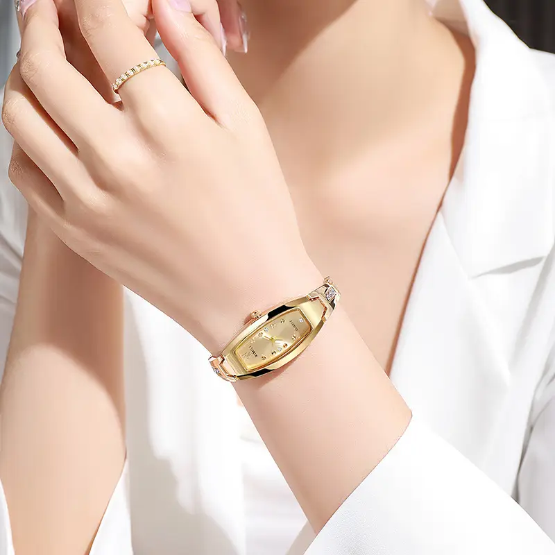 Gold Women's Quartz Barrel Watch with Crystal Bracelet