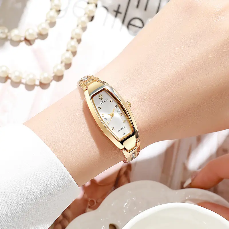 Gold Women's Quartz Barrel Watch with Crystal Bracelet