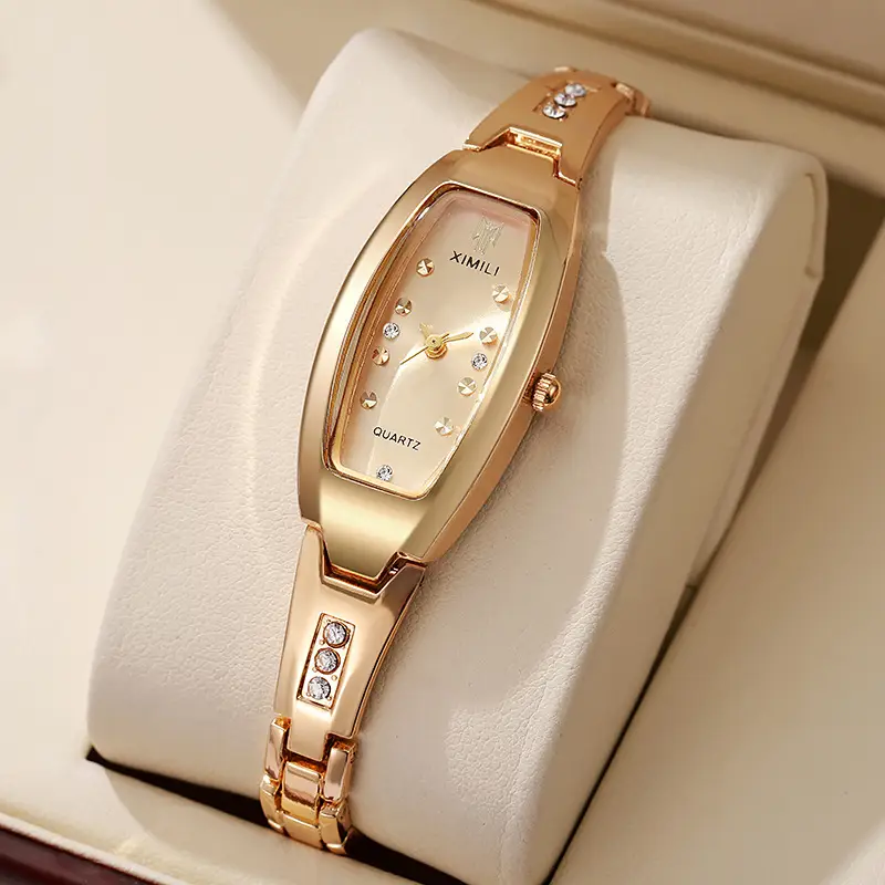 Gold Women's Quartz Barrel Watch with Crystal Bracelet — feature 7