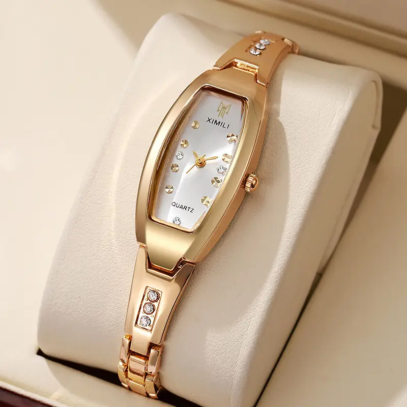 Gold Women's Quartz Barrel Watch with Crystal Bracelet