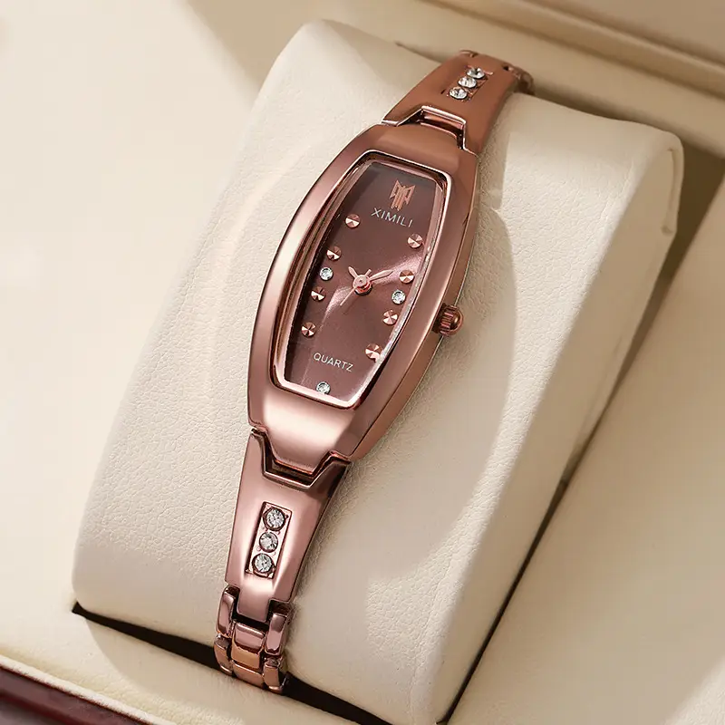 Gold Women's Quartz Barrel Watch with Crystal Bracelet