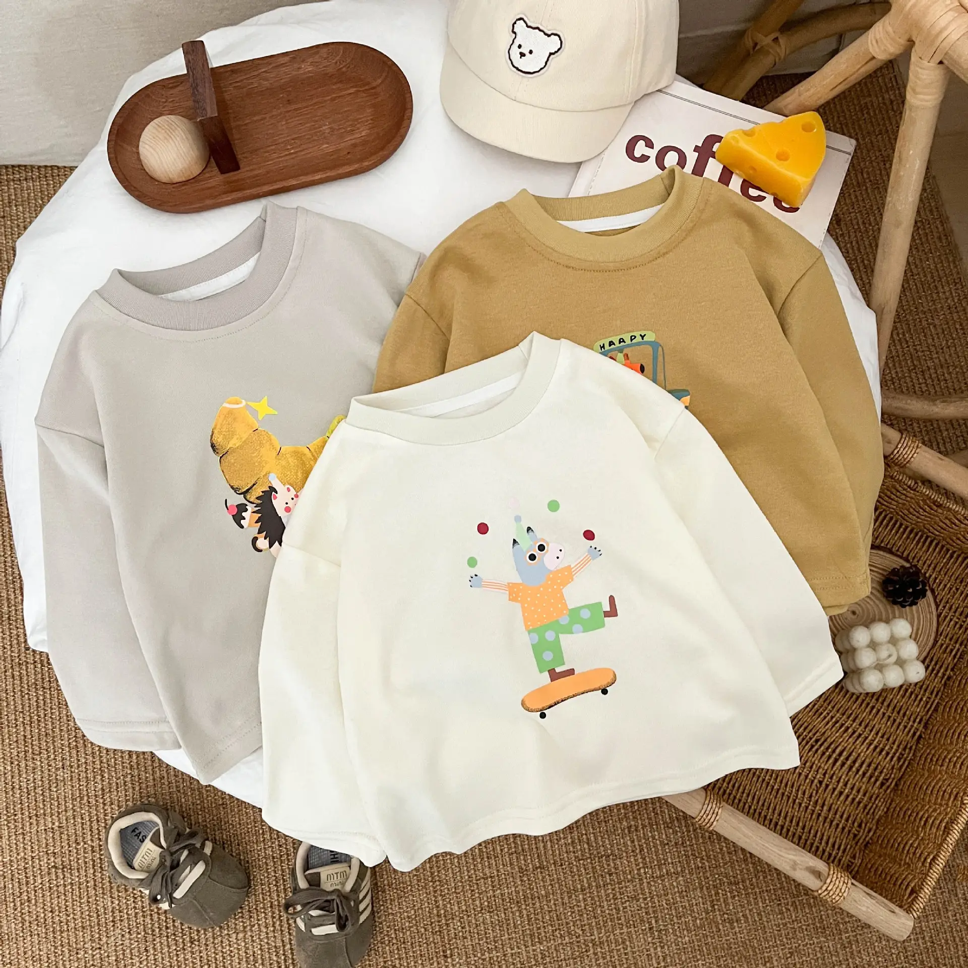 Ins Boys Long Sleeve T-shirt Cartoon Print White Brown Grey - Image 4