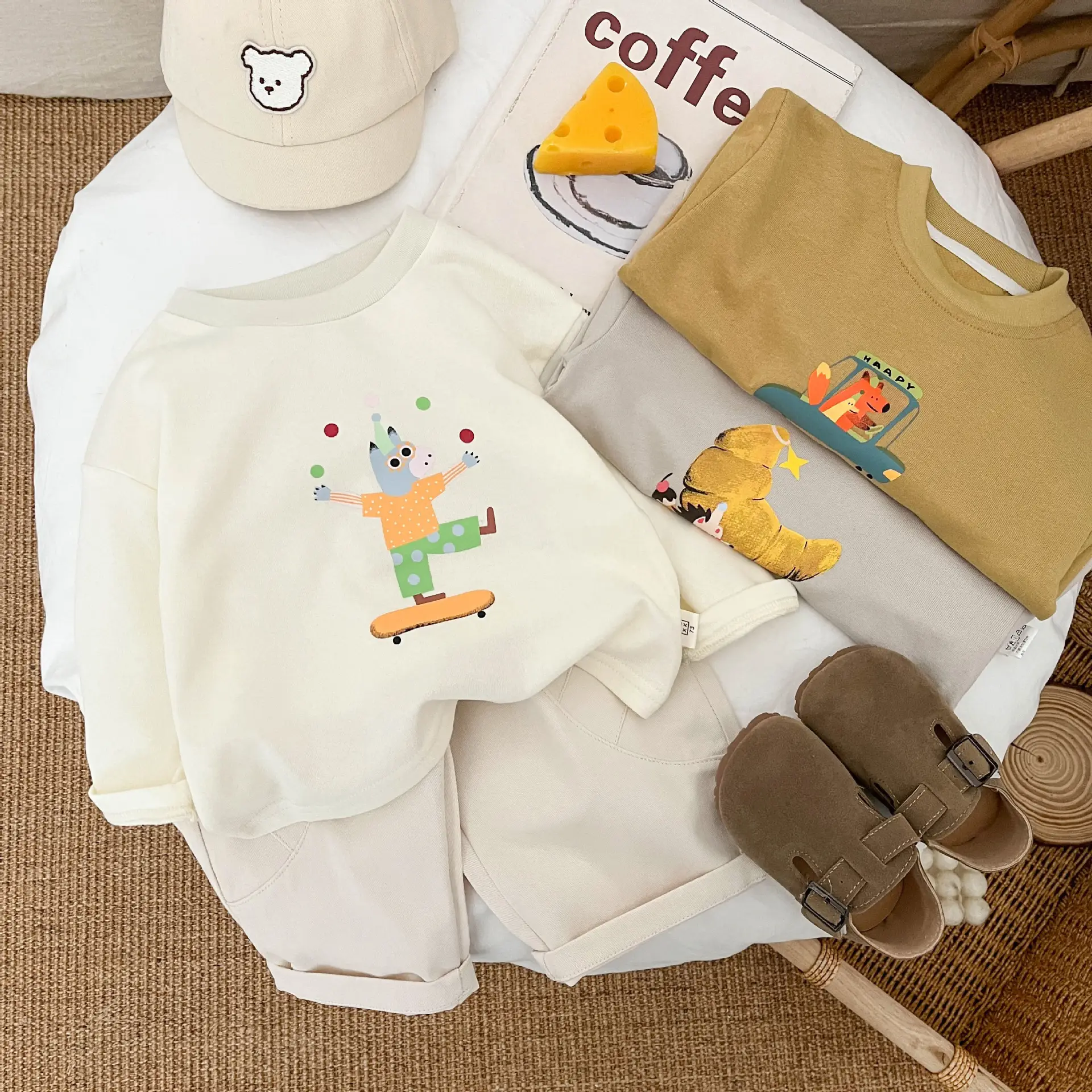Ins Boys Long Sleeve T-shirt Cartoon Print White Brown Grey - Image 5