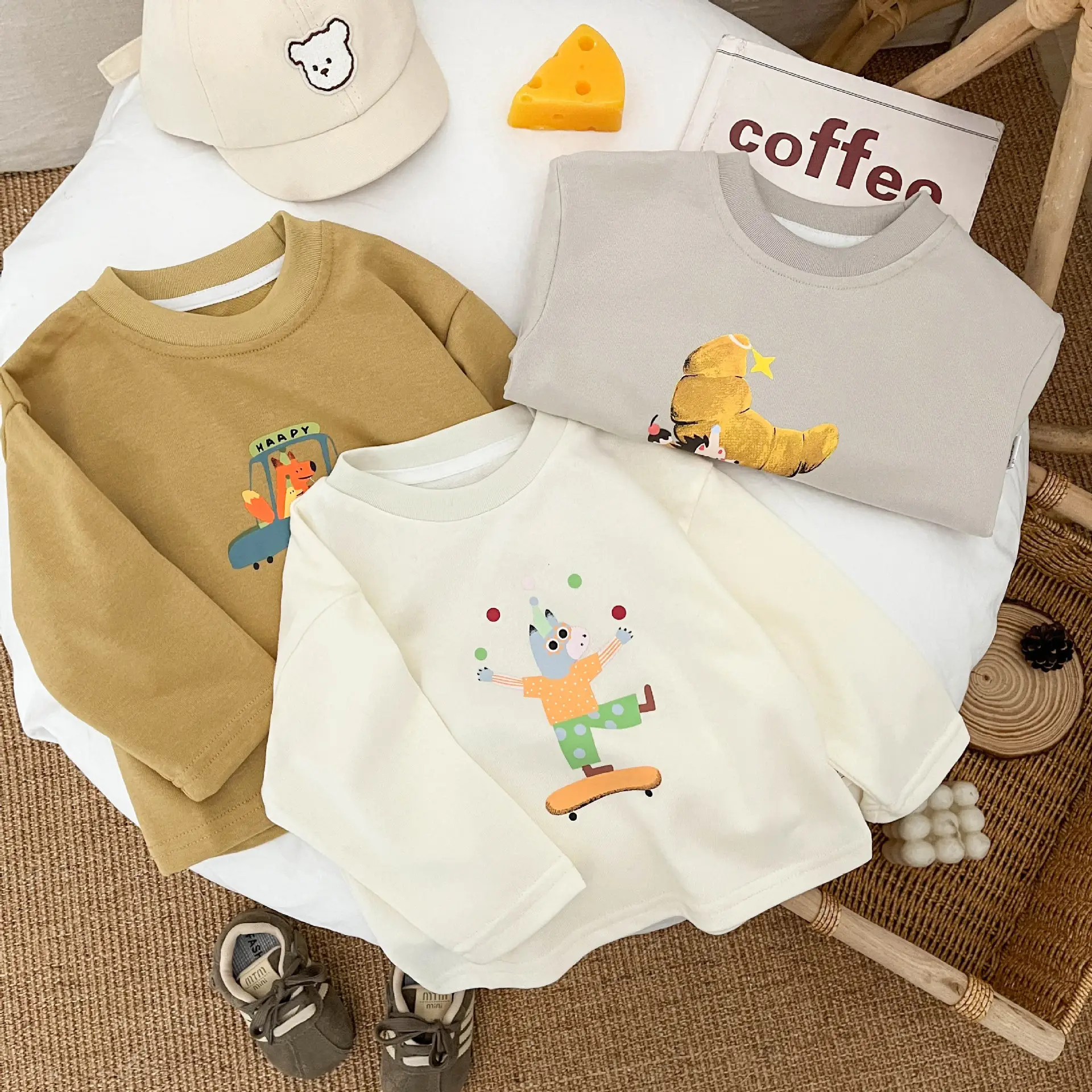 Ins Boys Long Sleeve T-shirt Cartoon Print White Brown Grey - Image 6
