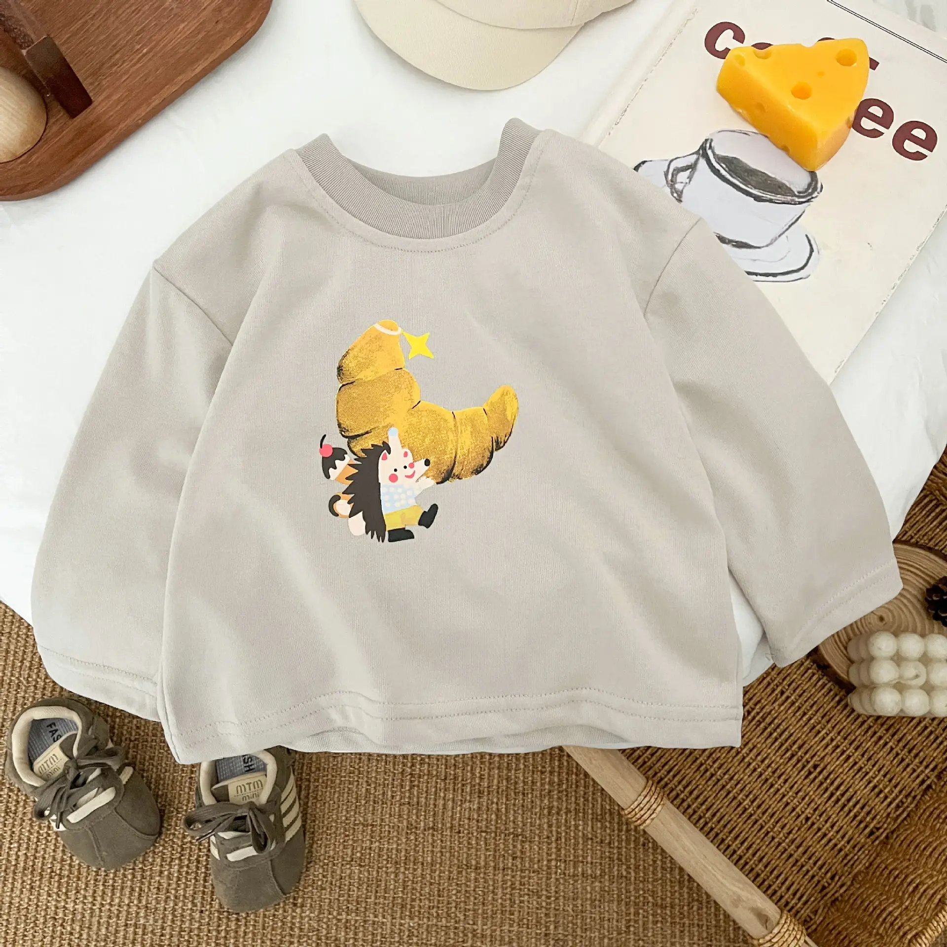 Ins Boys Long Sleeve T-shirt Cartoon Print White Brown Grey - Image 3