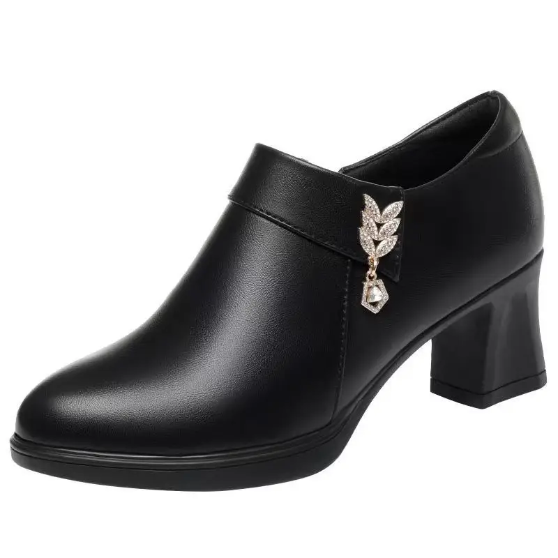 Soft Leather Zipper New Women's Leather Shoes Thick Heel Explosive Deep Mouth Simple Women's Shoes Western Style Low-top Rhinestone Round-toe Leather Shoes - Image 7