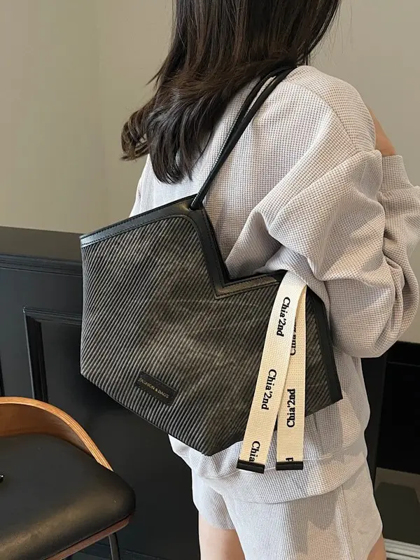 Women Blue Striped Shoulder Bag with Label - Image 7