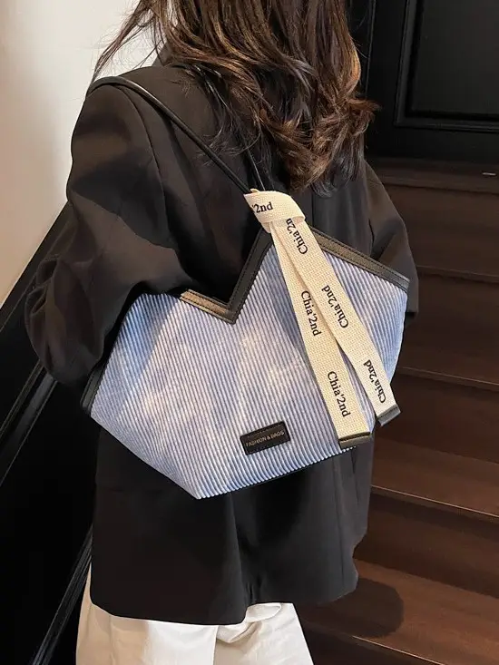 Women Blue Striped Shoulder Bag with Label - Image 8