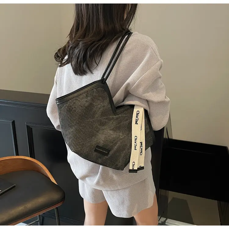 Women Blue Striped Shoulder Bag with Label — feature 10