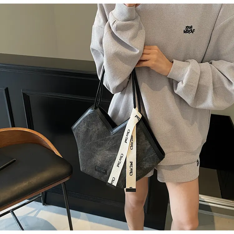 Women Blue Striped Shoulder Bag with Label — feature 11