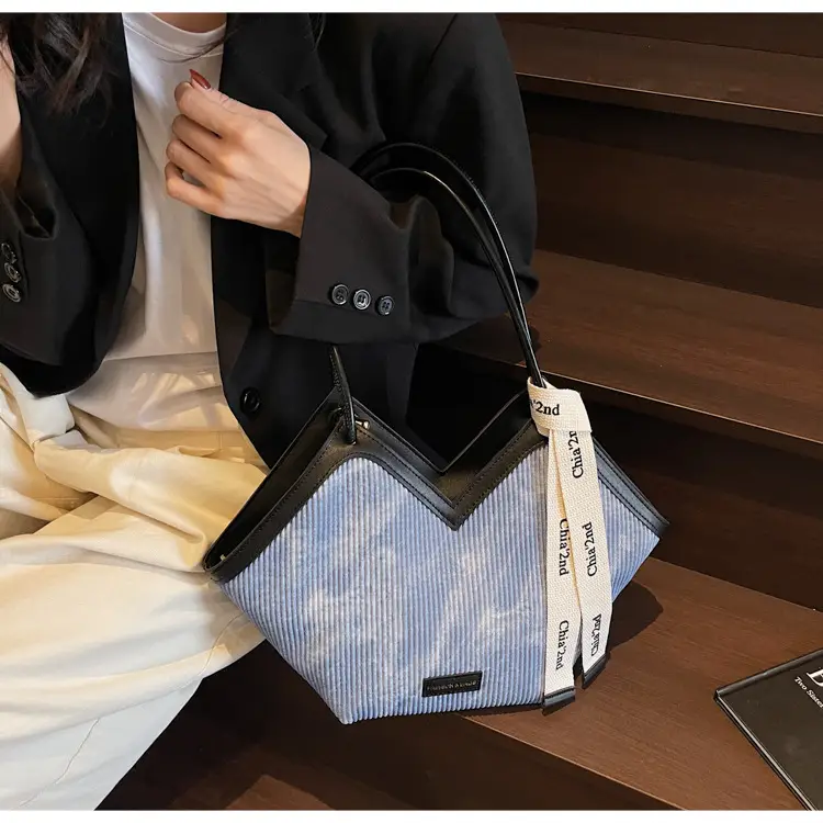 Women Blue Striped Shoulder Bag with Label — feature 15
