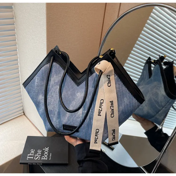 Women Blue Striped Shoulder Bag with Label — feature 21