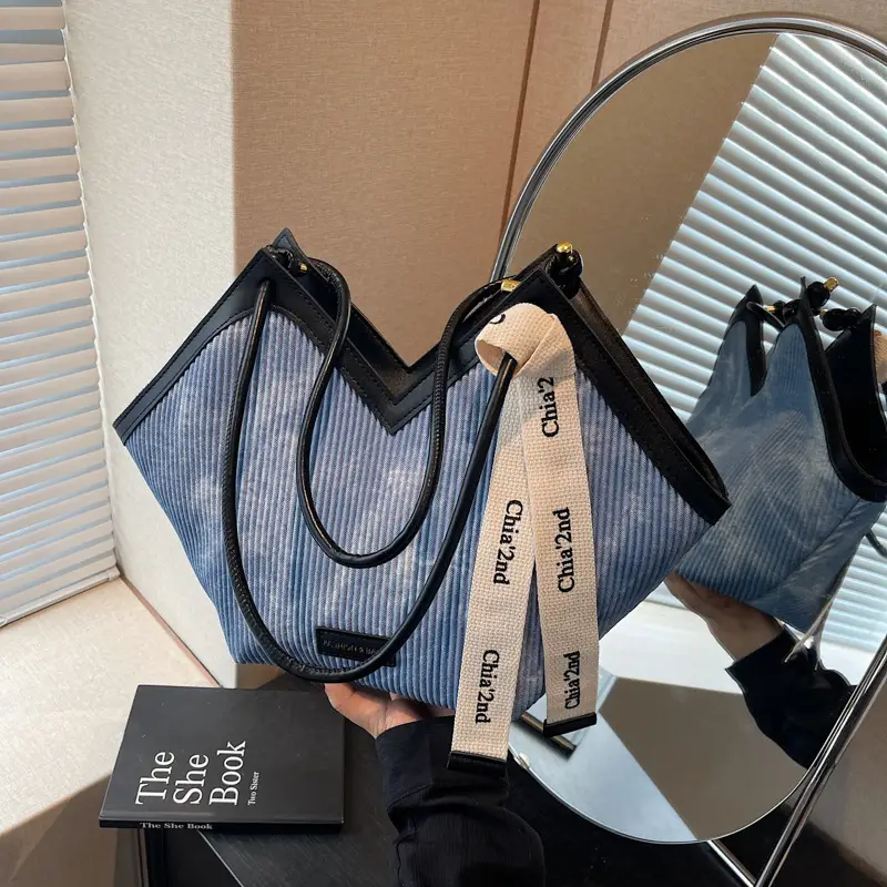 Women Blue Striped Shoulder Bag with Label - Image 2