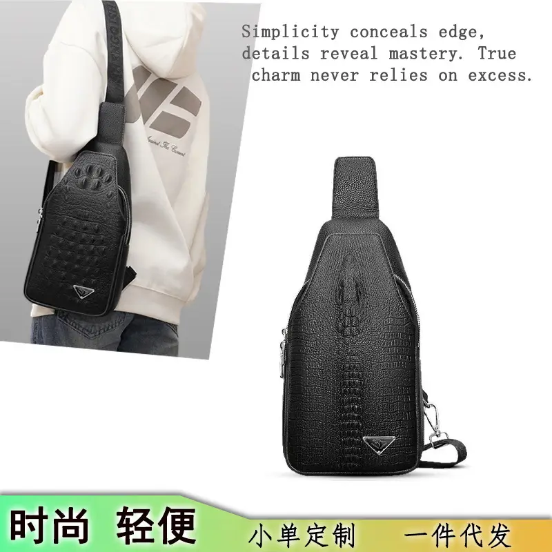 Black Leather Crossbody Bag for Men Lightweight Business Commute