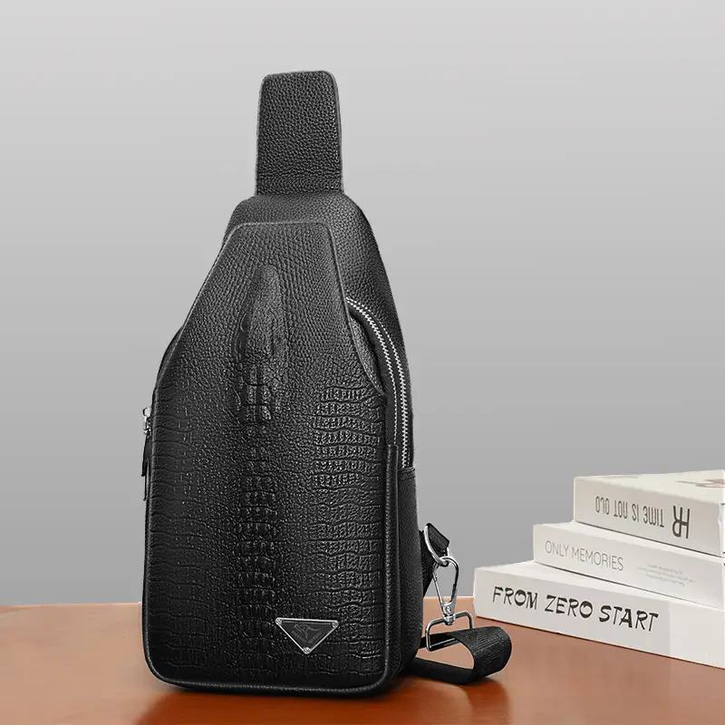 Black Leather Crossbody Bag for Men Lightweight Business Commute