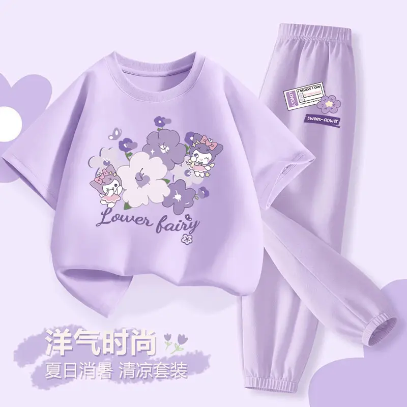 Girls Sun Flower Graphic 2Pc Summer Suit White Lavender - Image 3
