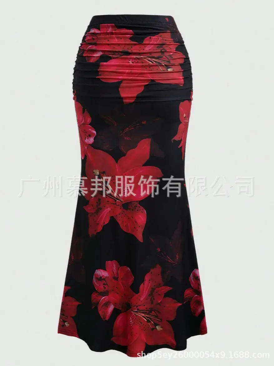 Women's Floral Print A-Line Skirt Red Black - Image 3