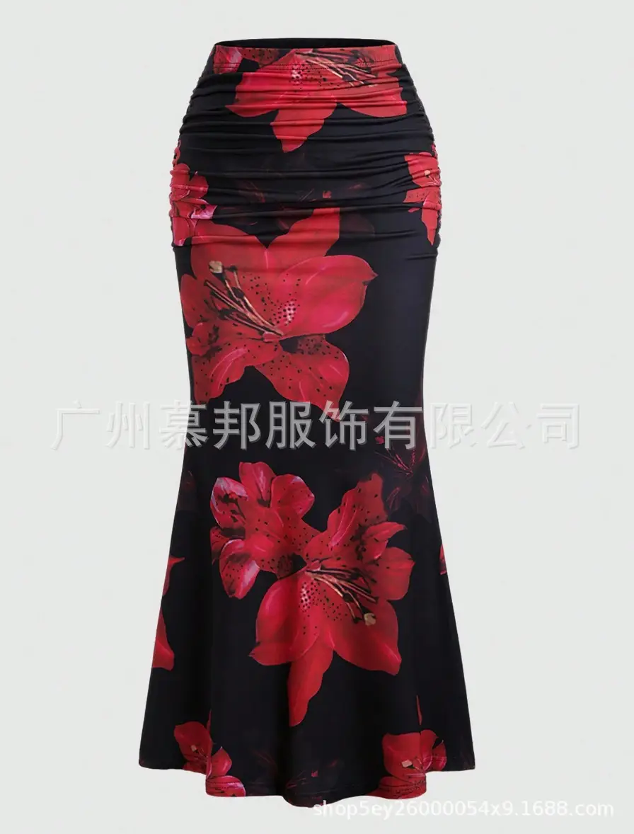 Women's Floral Print A-Line Skirt Red Black — feature 1