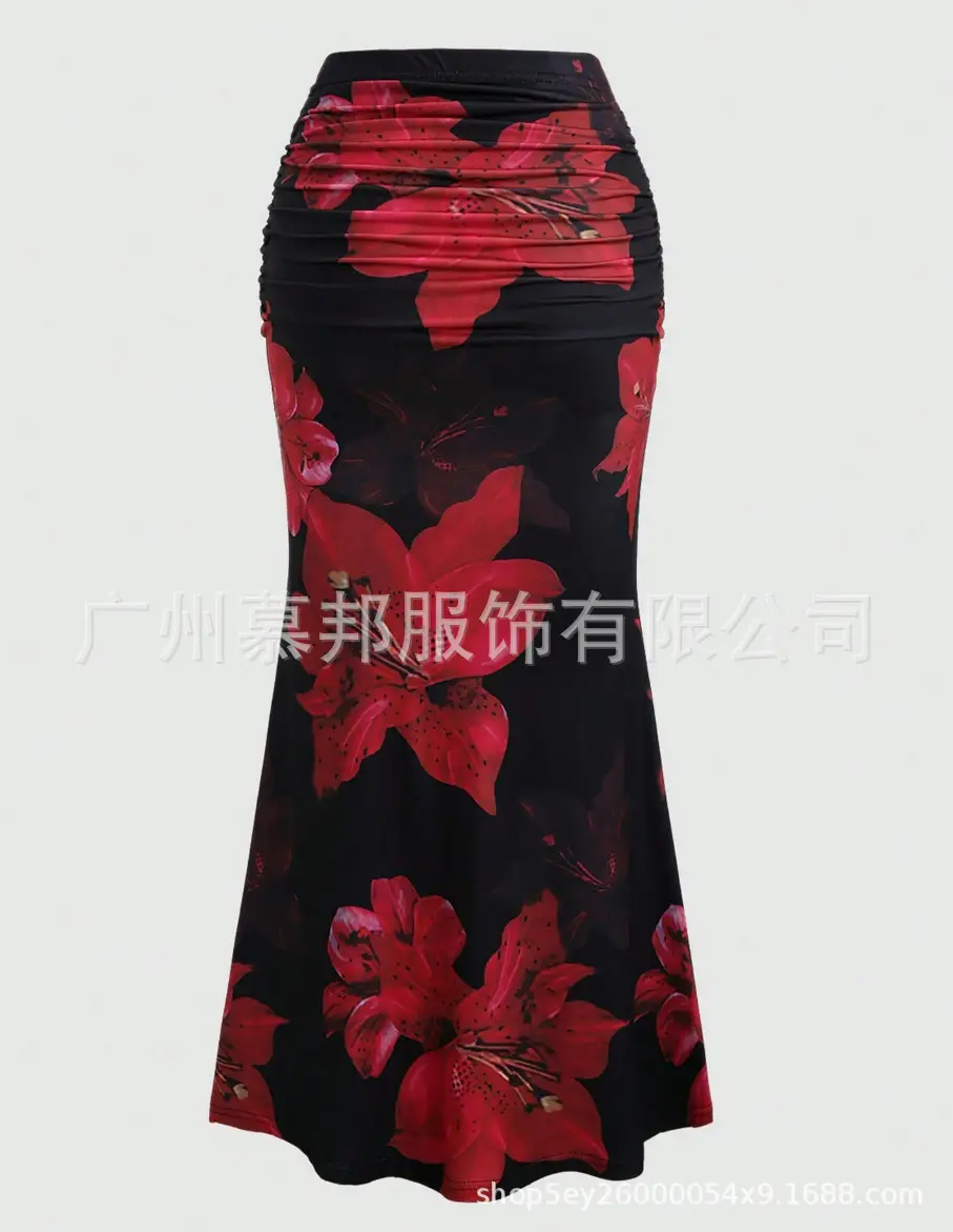 Women's Floral Print A-Line Skirt Red Black — feature 2