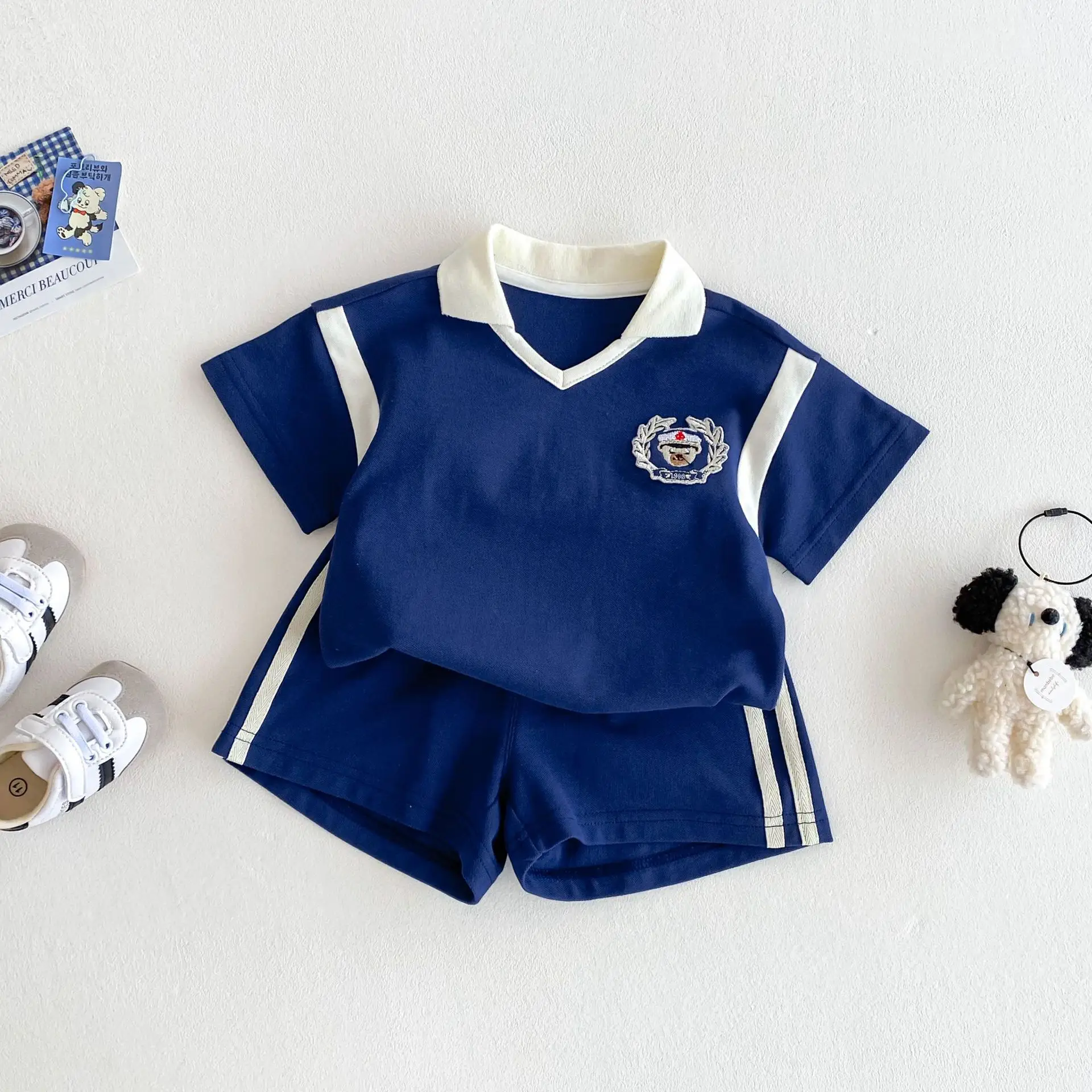 New Boys Summer Sports Suit White Blue Shorts Set - Image 2
