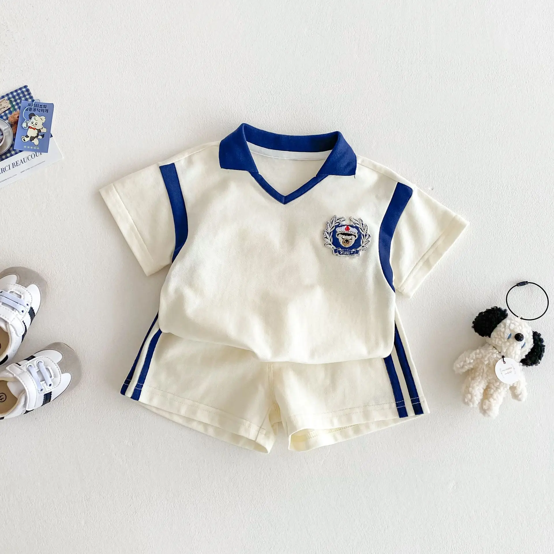 New Boys Summer Sports Suit White Blue Shorts Set - Image 3