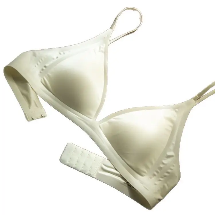 CynL Milk Satin French Style Deep V-neck Underwear Women's Summer Thin Shoulder Strap Non-marking Triangle Cup Small Chest Non-rimless Thin Bra