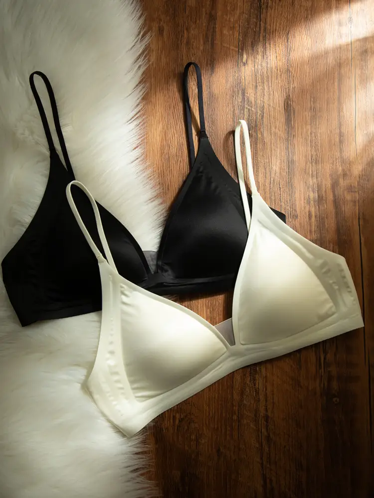 CynL Milk Satin French Style Deep V-neck Underwear Women's Summer Thin Shoulder Strap Non-marking Triangle Cup Small Chest Non-rimless Thin Bra — feature 12