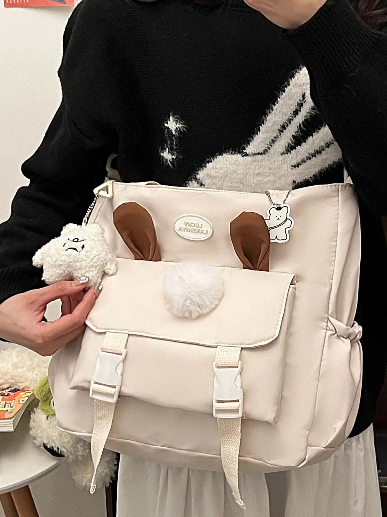 Japanese Style Beige Shoulder Crossbody Bag for Women