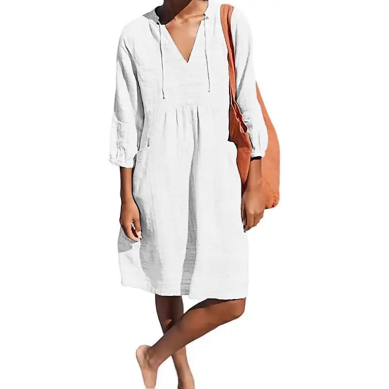 Yellow V-Neck Loose Sleeve Casual Dress - Image 7